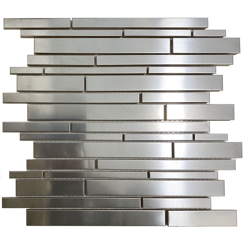 Stainless steel mosaic tile, random brick tile, silver color, glossy finish with slight brushed texture #stainless steel tile #metal tile #random brick tile #wall tile #backsplash tile #bathroom tile # kitchen tile. This series of metal tiles are made by Xmosaics Foshan factory, a reliable mosaic tile manufacturer, supplier and exporter.