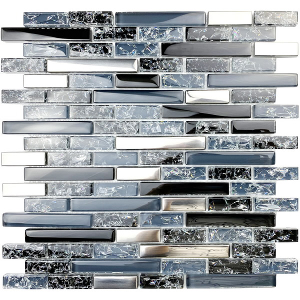 Crystal glass mosaic tile, linear tile, a combination of glass, ice crackled glass and electroplated glass with a light brushed texture feel looking like stainless steel. #wall tile, #bathroom tile, #kitchen tile, #backsplash tile, #accent wall tile Impressively durable and easy to clean. This series of crystal glass mosaic  tiles are made by Xmosaics Foshan factory, your reliable mosaic tile manufacturer, supplier and exporter.