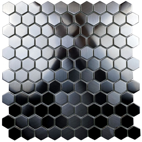 Stainless steel mosaic tile, hexagon tile, black color, glossy finish with slight brushed texture #stainless steel tile #metal tile #random brick tile #wall tile #backsplash tile #bathroom tile # kitchen tile. This series of metal tiles are made by Xmosaics Foshan factory, a reliable mosaic tile manufacturer, supplier and exporter.