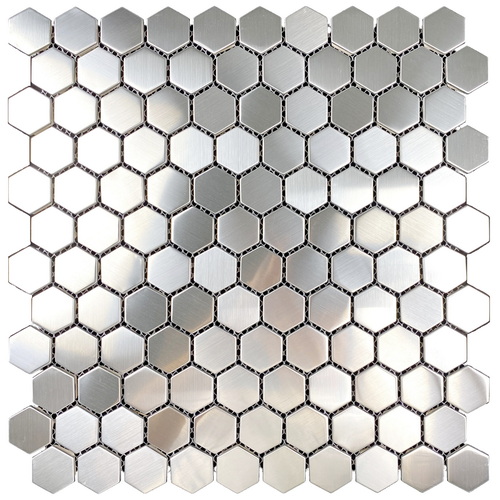 Stainless steel mosaic tile, hexagon tile, silver color, glossy finish with slight brushed texture #stainless steel tile #metal tile #random brick tile #wall tile #backsplash tile #bathroom tile # kitchen tile. This series of metal tiles are made by Xmosaics Foshan factory, a reliable mosaic tile manufacturer, supplier and exporter.