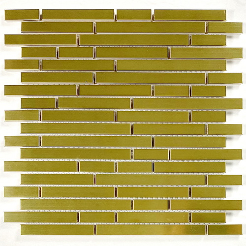 Stainless steel mosaic tile, linear tile, gold color, glossy finish with slight brushed texture #stainless steel tile #metal tile #random brick tile #wall tile #backsplash tile #bathroom tile # kitchen tile. This series of metal tiles are made by Xmosaics Foshan factory, a reliable mosaic tile manufacturer, supplier and exporter.