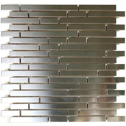 Stainless steel mosaic tile, linear tile, silver color, glossy finish with slight brushed texture #stainless steel tile #metal tile #random brick tile #wall tile #backsplash tile #bathroom tile # kitchen tile. This series of metal tiles are made by Xmosaics Foshan factory, a reliable mosaic tile manufacturer, supplier and exporter.