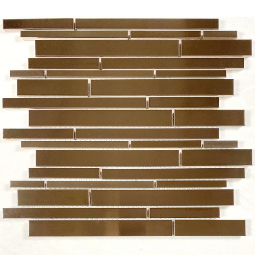 Stainless steel mosaic tile, random brick tile, copper color, glossy finish with slight brushed texture #stainless steel tile #metal tile #random brick tile #wall tile #backsplash tile #bathroom tile # kitchen tile. This series of metal tiles are made by Xmosaics Foshan factory, a reliable mosaic tile manufacturer, supplier and exporter.