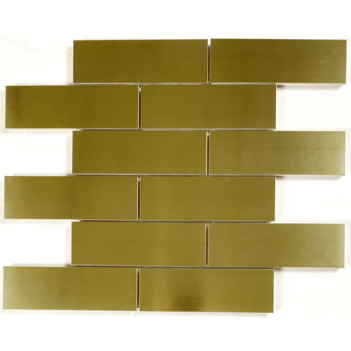 Stainless steel mosaic tile, subway tile, gold color, glossy finish with slight brushed texture #stainless steel tile #metal tile #subway tile #wall tile #backsplash tile #bathroom tile # kitchen tile. This series of metal tiles are made by Xmosaics Foshan factory, a reliable mosaic tile manufacturer, supplier and exporter.