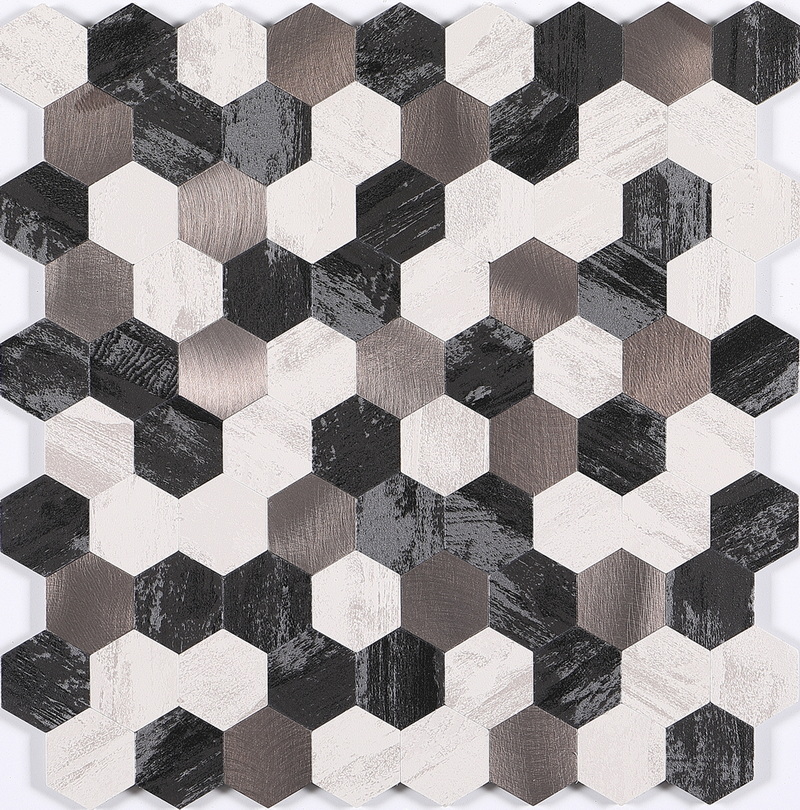 peel and stick hexagon, aluminum composite tile, film covered aluminum tile + brushed aluminum tile. peel and stick mosaic tile is a simple, easy-to-install solution to update surface decors. these quality self-adhesive tiles are easy to handle, cut and maintain. do your project without glue and grout, and save your time, at a lower cost!