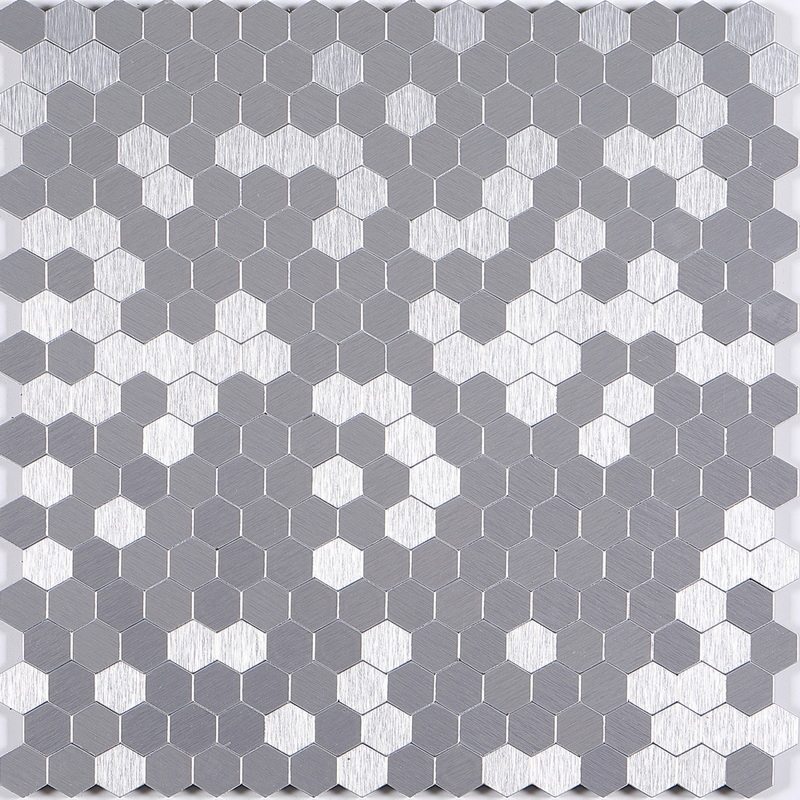peel and stick aluminum composite tile, small hexagon aluminum tile, silver. peel and stick mosaic tile is a simple, easy-to-install solution to update surface decors. these quality self-adhesive tiles are easy to handle, cut and maintain. do your project without glue and grout, and save your time, at a lower cost!