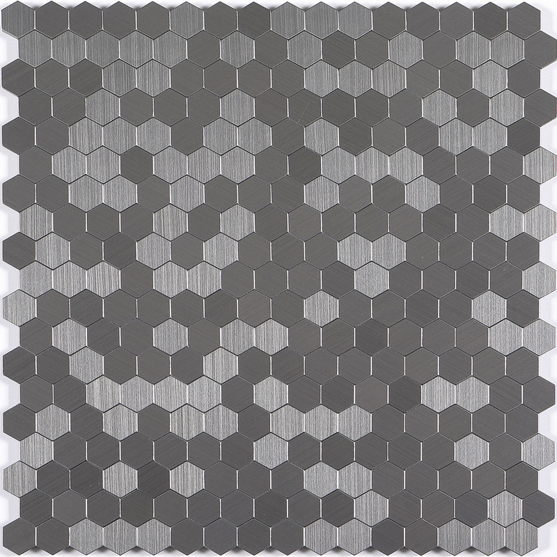 peel and stick aluminum composite tile, small hexagon aluminum tile, iron grey. peel and stick mosaic tile is a simple, easy-to-install solution to update surface decors. these quality self-adhesive tiles are easy to handle, cut and maintain. do your project without glue and grout, and save your time, at a lower cost!