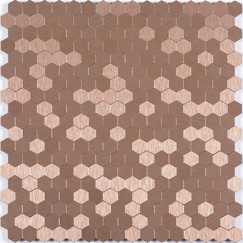 peel and stick aluminum composite tile, small hexagon aluminum tile, rose gold. peel and stick mosaic tile is a simple, easy-to-install solution to update surface decors. these quality self-adhesive tiles are easy to handle, cut and maintain. do your project without glue and grout, and save your time, at a lower cost!
