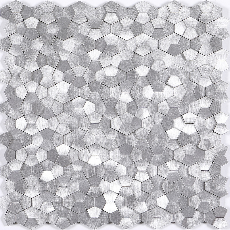 peel and stick aluminum composite tile, irregular pentagon mosaic tile, uneven mosaic tile, silver. peel and stick mosaic tile is a simple, easy-to-install solution to update surface decors. these quality self-adhesive tiles are easy to handle, cut and maintain. do your project without glue and grout, and save your time, at a lower cost!