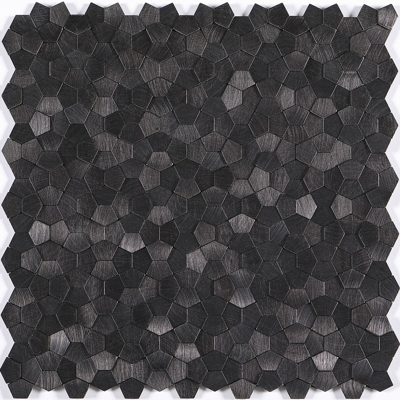 peel and stick aluminum composite tile, irregular pentagon mosaic tile, uneven mosaic tile, black. peel and stick mosaic tile is a simple, easy-to-install solution to update surface decors. these quality self-adhesive tiles are easy to handle, cut and maintain. do your project without glue and grout, and save your time, at a lower cost!