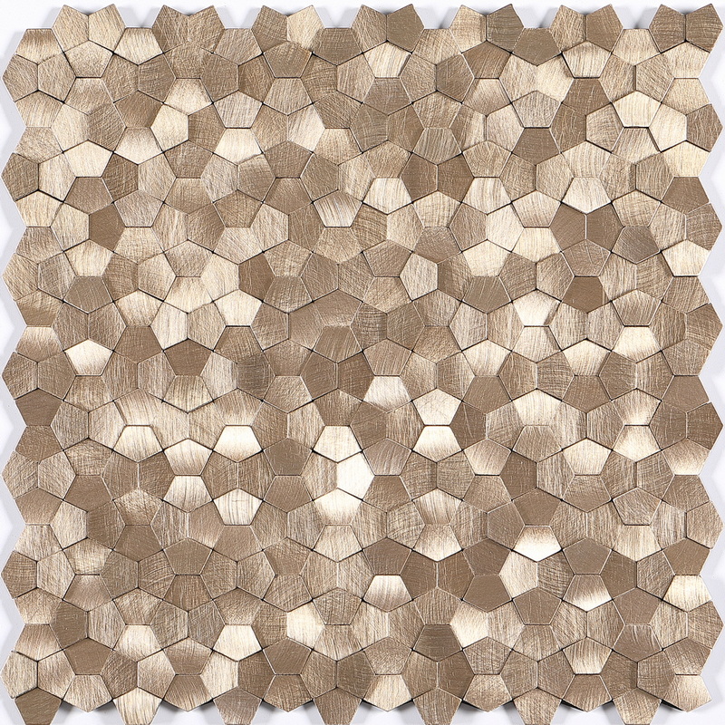 peel and stick aluminum composite tile, irregular pentagon mosaic tile, uneven mosaic tile, light gold. peel and stick mosaic tile is a simple, easy-to-install solution to update surface decors. these quality self-adhesive tiles are easy to handle, cut and maintain. do your project without glue and grout, and save your time, at a lower cost!