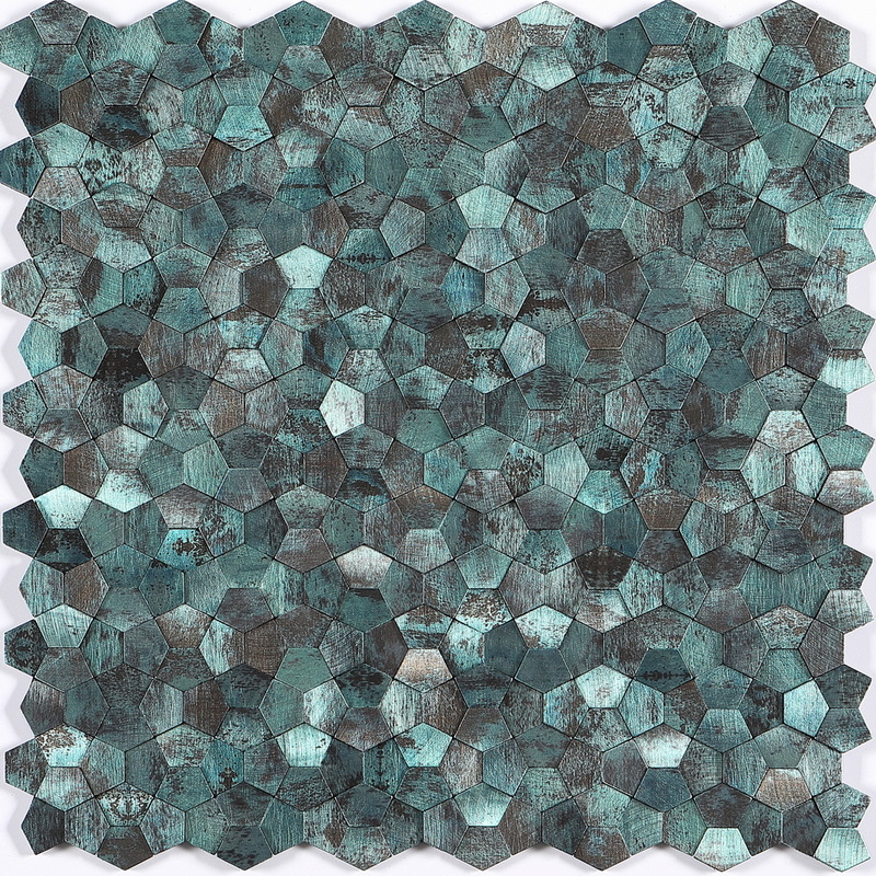 peel and stick aluminum composite tile, irregular pentagon mosaic tile, uneven mosaic tile, inkjet printed antique turquoise. peel and stick mosaic tile is a simple, easy-to-install solution to update surface decors. these quality self-adhesive tiles are easy to handle, cut and maintain. do your project without glue and grout, and save your time, at a lower cost!