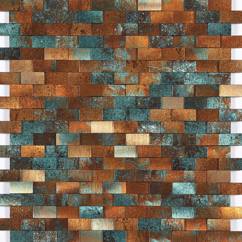 peel and stick aluminum composite tile, mini brick mosaic tile, uneven aluminum mosaic tile, inkjet printed antique copper green. peel and stick mosaic tile is a simple, easy-to-install solution to update surface decors. these quality self-adhesive tiles are easy to handle, cut and maintain. do your project without glue and grout, and save your time, at a lower cost!