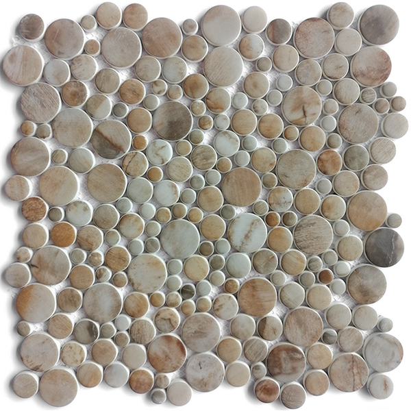 for commercial or residential use, interior or exterior, wall or floor, penny round series can be used for all your improvement needs. Our recycled glass tiles are customizable, including hundreds of different high temperature inkjet printings, a wide range of colors, glossy / glazed / frosted / antislip (grained) surfaces, sizes and patterens. Please contact us to find out more. This series of mosaic tiles are made by Xmosaics Foshan factory, your reliable supplier of mosaic tiles.